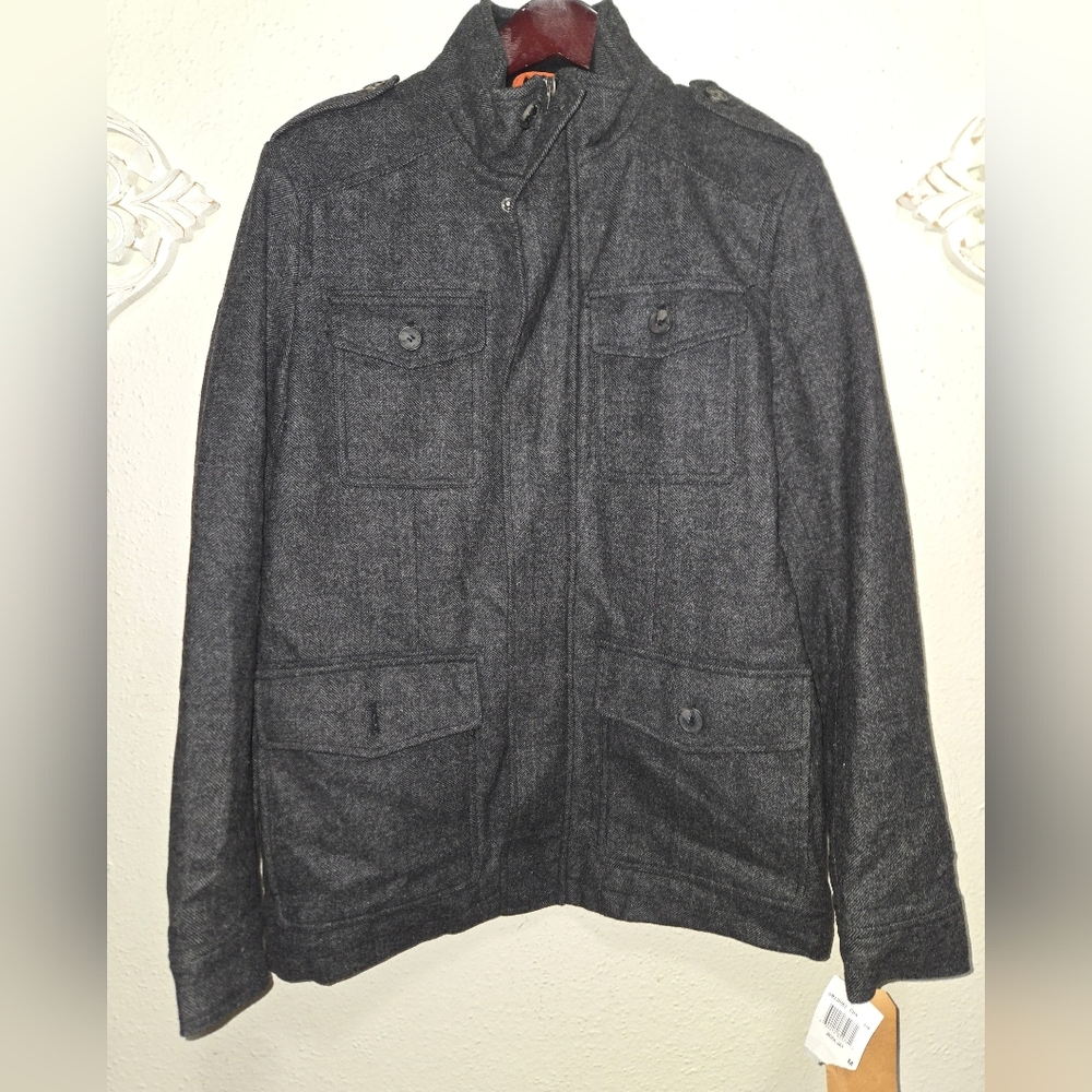 Dockers Grey Men's Military Wool Blend Bib Lined Dual Zipper Coat M